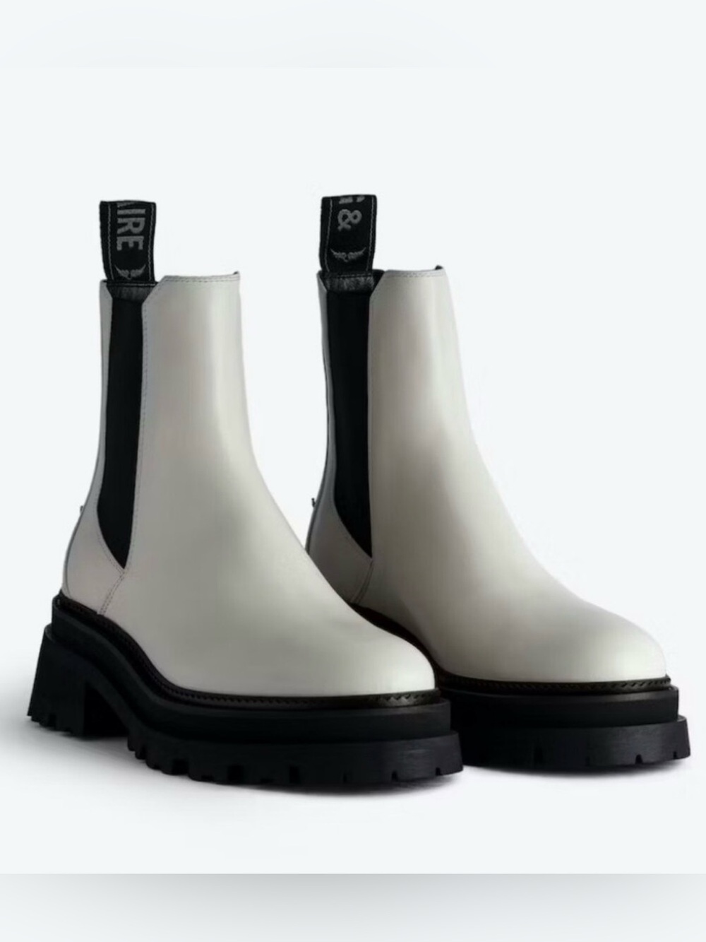 Zadig and Voltaire Ride Stretch White Leather Chelsea Boots with Black Lug Sole